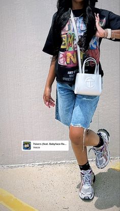 outfit inspo. black girl. fly girl. instagram. instagram story. balenciaga. balenciaga track runners. jorts. jean shorts. graphic tee. telfar bag. small telfar. first day. back to school. school outfit inspo. apple watch. Baddie Outfits Summer, Streetwear Fashion Women, Cute Swag Outfits, Simple Trendy Outfits, Cute Everyday Outfits, Baddie Outfits Casual