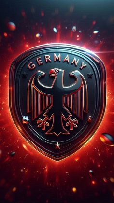 the german emblem is surrounded by red and black bubbles, as well as small stars