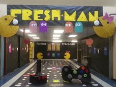 an indoor play area decorated for a fresh man party