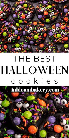 halloween cookies Halloween Treats With Sprinkles, Halloween Desserts With Sprinkles, Witches Brew Cookies, Red Velvet Halloween Cookies, Halloween M&m Treats, Halloween Brownie Cookies, Halloween M&ms, Halloween Cookie Bars Recipes, Black Halloween Cookies