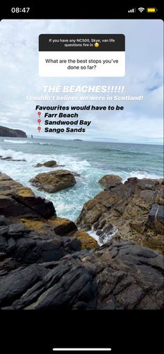 an image of the beach with rocks and ocean in the foreground, which reads what are the best spots you've been to see