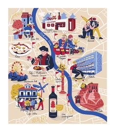 an illustrated map of london with people eating and drinking