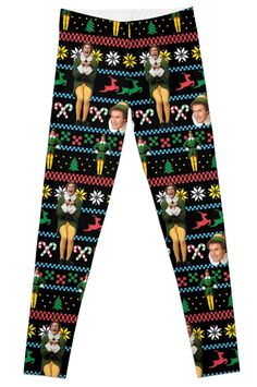 a pair of christmas leggings with the image of two people on them, all over