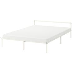 a white bed frame with no sheets on it