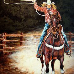 a painting of a cowboy riding a horse with a lasso in his hand while holding on to the rope