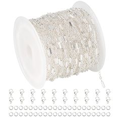 white beaded cord with lots of silver colored beads and hooks on the end of each spool