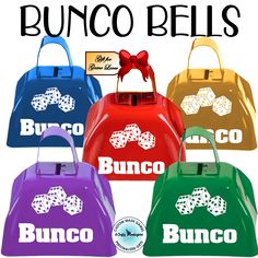 the bunco bells are all different colors and patterns, but one has a bow on it