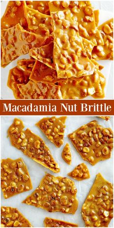 macadamia nut brittle is cut into squares and placed on top of each other