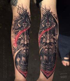 tattoos on the legs of two people with different faces and headdresses, one is