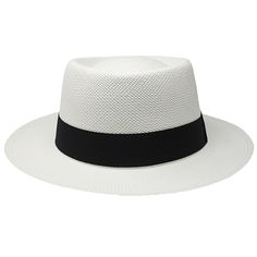 Classic White Hat Bands For Spring, White Fedora Panama Hat For Kentucky Derby, White Flat Brim Panama Hat For Kentucky Derby, Classic White Fedora For Spring, Casual White Boater Hat With Flat Brim, White Toquilla Straw Hat With Flat Brim, Classic White Curved Brim Sun Hat, Classic White Fedora Sun Hat, Adjustable White Fedora Straw Hat