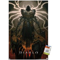 a poster with an image of a demon standing in front of flames and lightnings