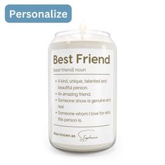 a white candle with the words best friend on it, sitting in front of a white background