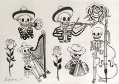 three skeletons playing musical instruments, one with a rose and the other with a skeleton