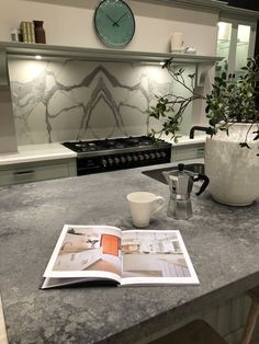 an open magazine sitting on top of a kitchen counter next to a potted plant