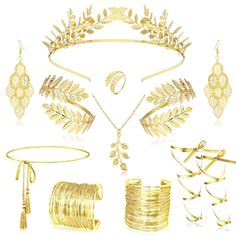 PRICES MAY VARY. 【Greek Goddess Costume Women】You can get 11 pcs for this accessories set: 1 pcs golden laurel leaf headband, 2 pcs coil bracelet, 2 pcs laurel leaf armband, 2 pcs leaf dangle earrings,1 pcs laurel leaf necklace, 1 pcs laurel leaf ring,1 pcs gold belt and 1 pcs 5m leg wrap.Fully meet your needs for full-body dressing into a beautiful Greek goddess. 【Charming Greek Goddess Design】Each accessory is infused with gold leaf elements, delicate and exquisite, smooth and elegant, adding a touch of mysterious and gorgeous atmosphere to the whole outfit, showing the mystery and charm of a Greek goddess 【Material and Size】The goddess costume accessories set is made of high-quality alloy, which is sturdy and comfortable. High-quality electroplating, shiny and does not fade easily. The Greek Goddess Costume, Leaves Headband, Goddess Costume, Goddess Jewelry, Coil Bracelet, Gold Belts, Presents For Women, Greek Jewelry, Crown Headband