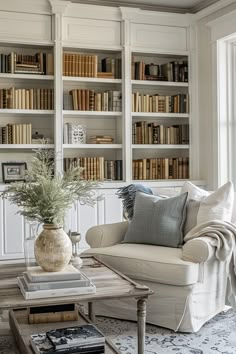 a living room filled with furniture and bookshelves covered in lots of bookcases