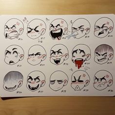 an image of various facial expressions on a sheet of paper with chinese characters in the background