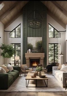 a living room filled with furniture and a fire place in the middle of a room