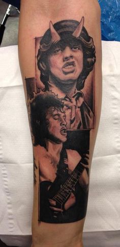 a man's leg with tattoos on it and an image of a woman holding a guitar