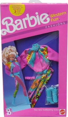 the barbie doll is wearing a pink outfit and blue boots with fringes on it