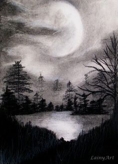 a black and white drawing of a lake with trees in the foreground at night