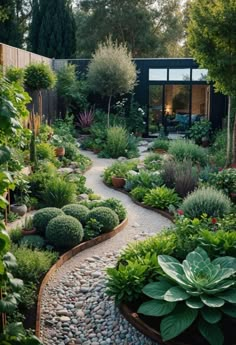 a garden with lots of plants and rocks in the center, along with a gravel path