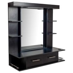 an entertainment center with two drawers and a mirror on the top, in black wood