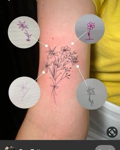 a woman's arm with flowers on it and some circles around the wrist area