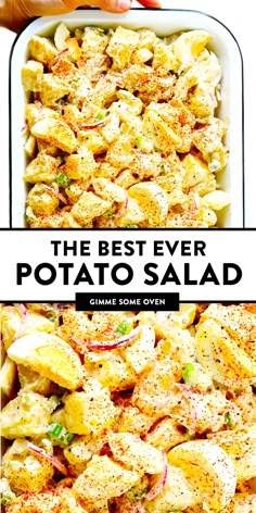 the best ever potato salad is in a white casserole dish, and it's ready to be eaten