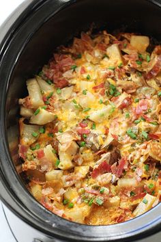 slow cooker chicken and potato casserole in the crock pot with text overlay