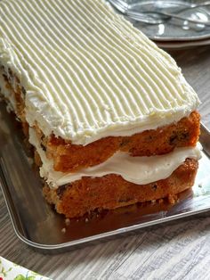 a piece of cake sitting on top of a metal tray