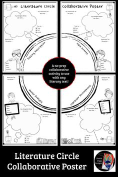 the literature circle collaborative poster is shown in black and white with red text