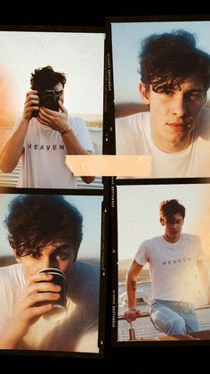 four pictures of a man holding a camera