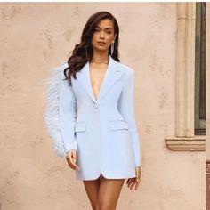 Worn For Pictures It Was Tailored To Hug Waist A Little More Flaw(S): Small Makeup Marks On Collar Can Be Removed Once Dry Cleaned Feather Suit, Dress With Feather Trim, Blazer Mini Dress, Club L London, London Clubs, Suit Dress, Small Makeup, London Dresses, Stretch Crepe