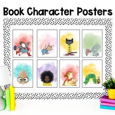 the book character posters are on display in front of a white wall with polka dots