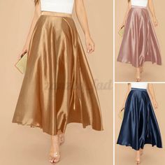 Size Women's Elegant Pleated Satin Dress Maxi High Waist Ladies Long Skirt Party | eBay Maxi Skirt Plus Size, A Line Maxi Skirt, Pleated Satin Dress, Skirt Beach, Satin Maxi Skirt, Maxi Dress Collection, Umbrella Skirt, Skirt Plus Size, Formal Dresses With Sleeves