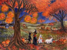 a painting of witches and pumpkins on a field with trees in the foreground