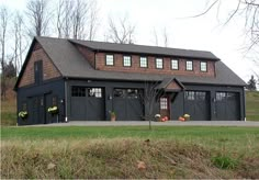 a large black garage with two doors and three windows on the side of it, in front of a grassy field