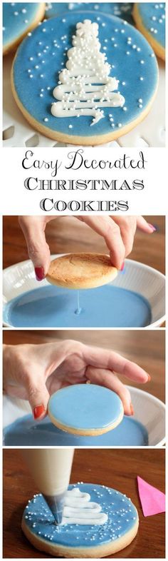 someone is decorating cookies with blue and white icing