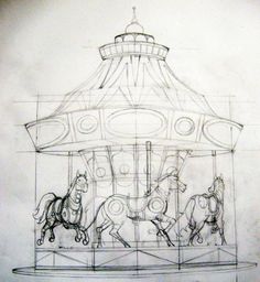 a drawing of three horses on a carousel