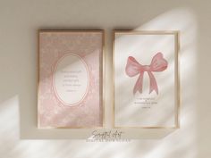 two greeting cards with pink bows on them, one is folded and the other has a quote