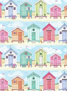 colorful beach huts are lined up against the blue sky