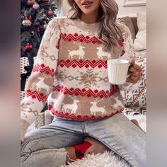 New Christmas Sweater. Never Worn. Oversize Pullover, Deer Christmas, Drop Shoulder Sweaters, Women Christmas, Fabric Collars, Cardigan Sweaters For Women, Inspiration Mode, Womens Clothing Sizes, Clothing Size Chart