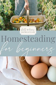 a woman holding a tray with eggs in it and the words homesteading for beginners