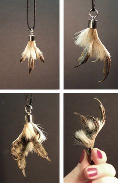 four different pictures of feathers hanging from a chain