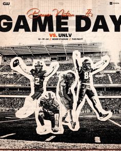 an old football game day poster with players jumping in the air