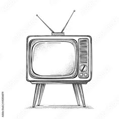 an old fashioned television with no signal on the screen, hand drawn in black and white