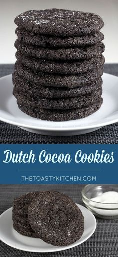 a stack of chocolate cookies sitting on top of a white plate