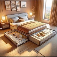 a dog laying on top of a bed in a bedroom next to a large window