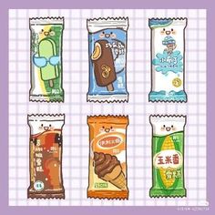 four different types of candy bars on a purple and white checkered background